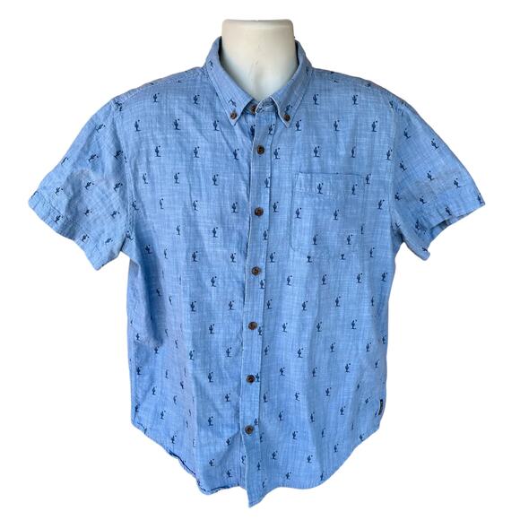 Prana Button Front Short Sleeve Denim Chambray Cacti Print Collared Shirt Mens L - Picture 1 of 6